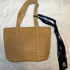 Draper James Everyday straw shoulder bag with a navy floral scarf